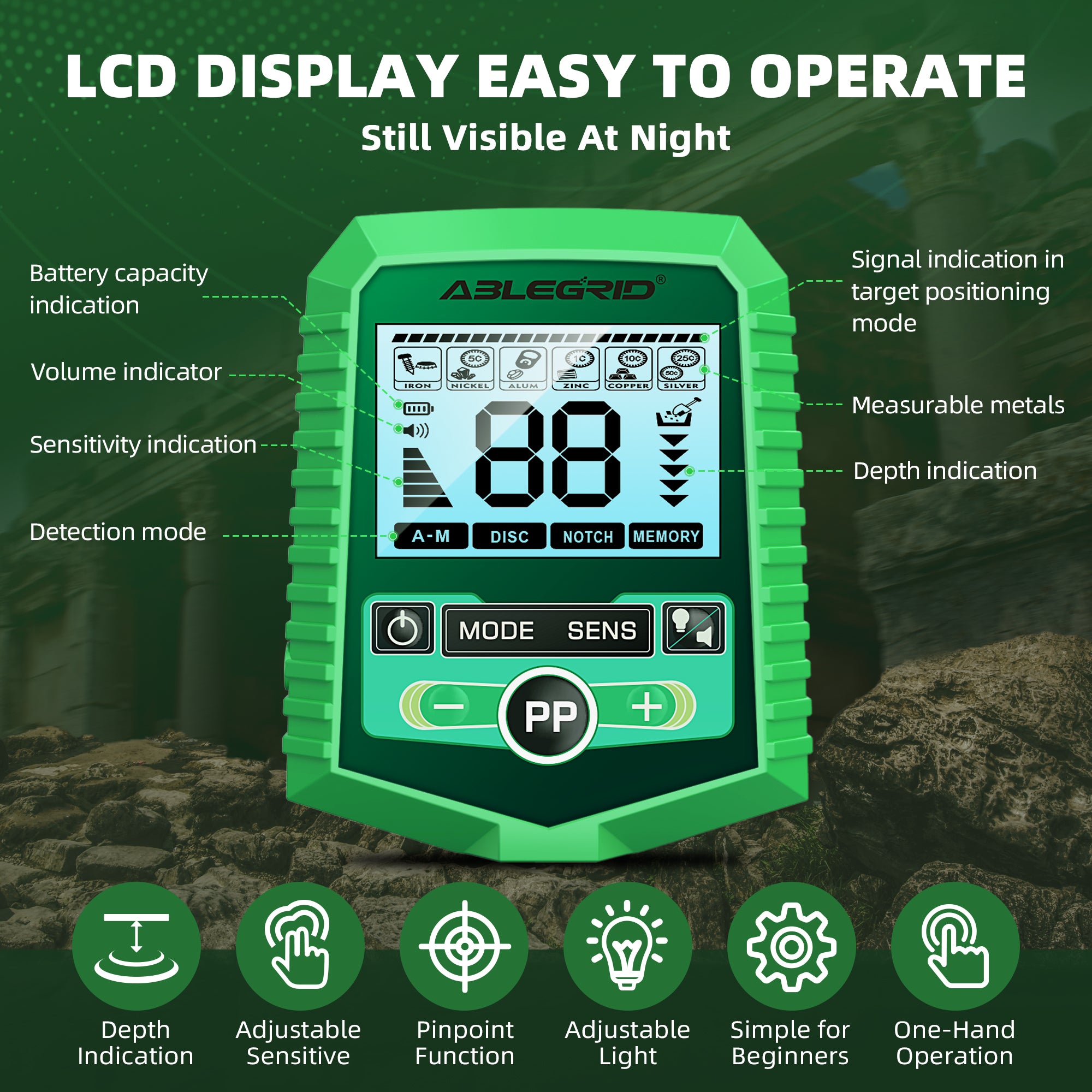ABLEGRID 充電式金属探知機 大人と子供用 LCD ディスプレイ付きプロ仕様の金銀探知機 高精度防水ピンポイント 5 モード 10 インチコイル 軽量金属探知機