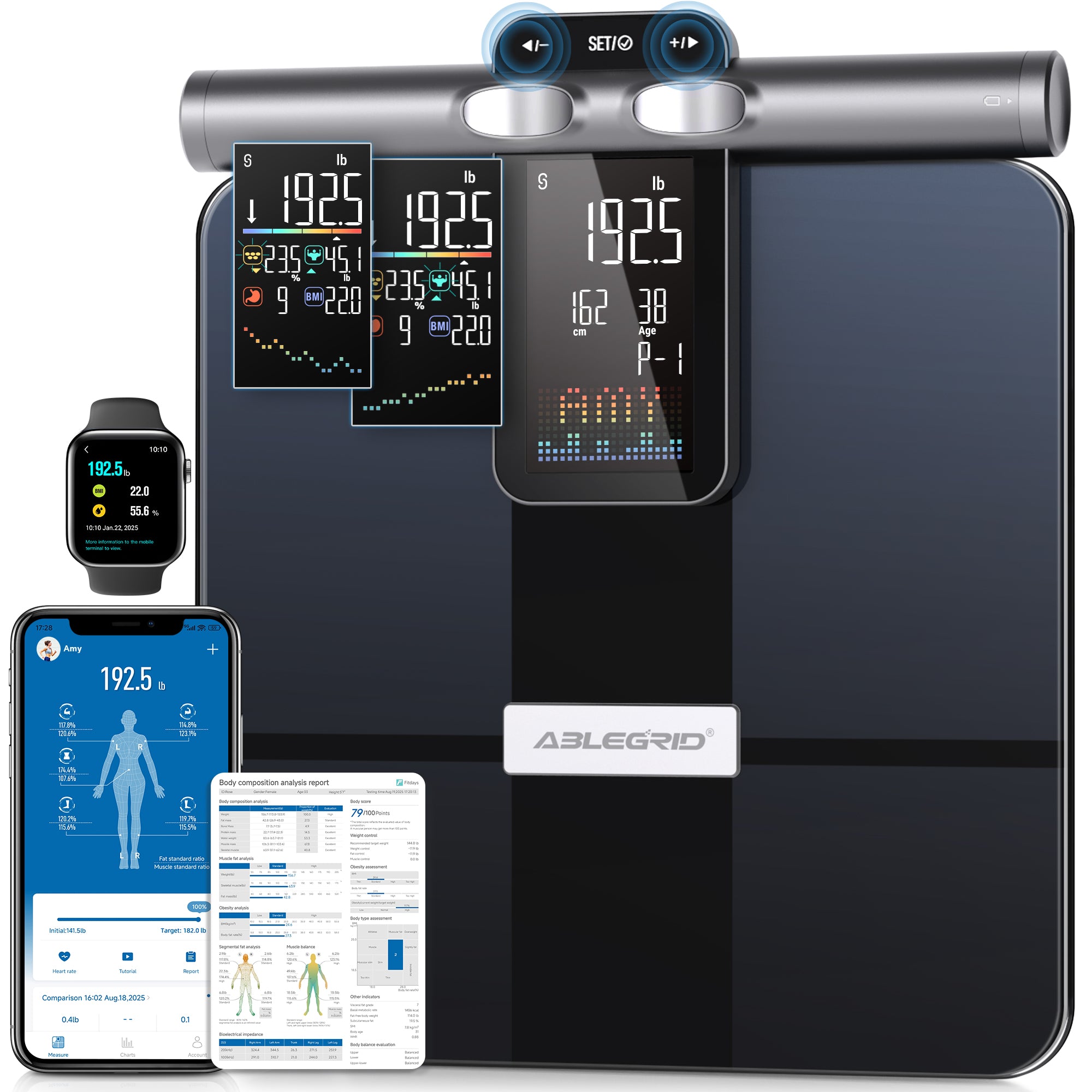 ABLEGRID Scale for Body Weight and Fat, 8-Electrode Smart Body Fat Scale, Large Display Digital Bathroom Scale, 26 Body Composition Metrics BMI with Fitness App, 400lb