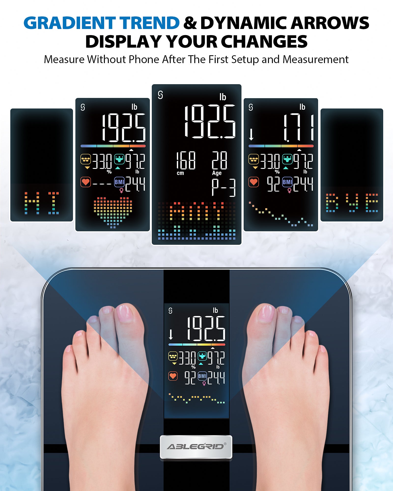 ABLEGRID Smart Digital Bathroom Scale for Body Weight and Fat Rechargeable, Large VA Display, 22 Body Composition Metrics BMI, Heart Rate, Baby Mode, 400lb, Black