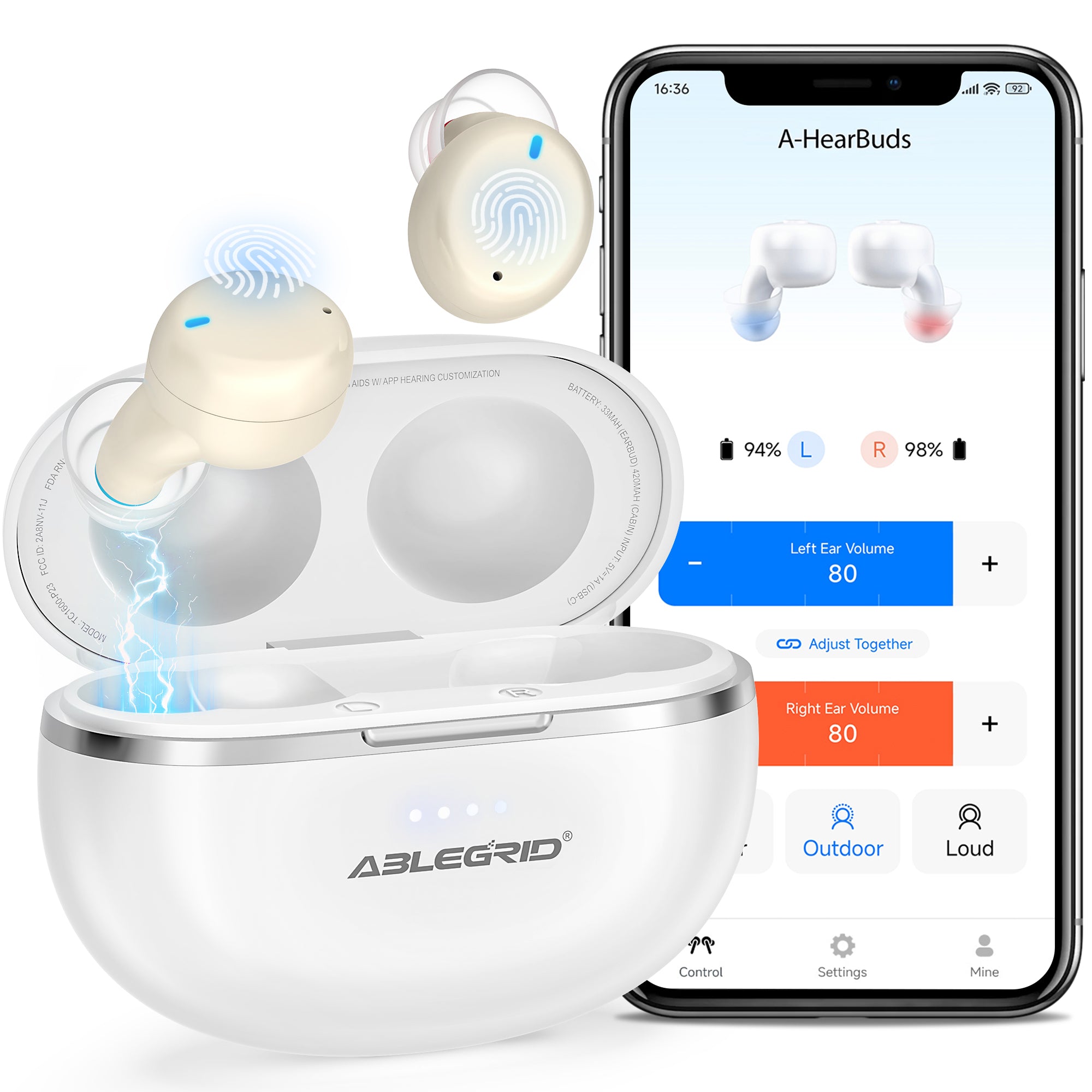 Hearing Aids for Seniors Rechargeable, ABLEGRID OTC Hearing Aids, 16-Channels Nano Hearing Aids with Smart App Adjustable Frequency, Noise Cancellation, 3 Modes, Volume Control, White