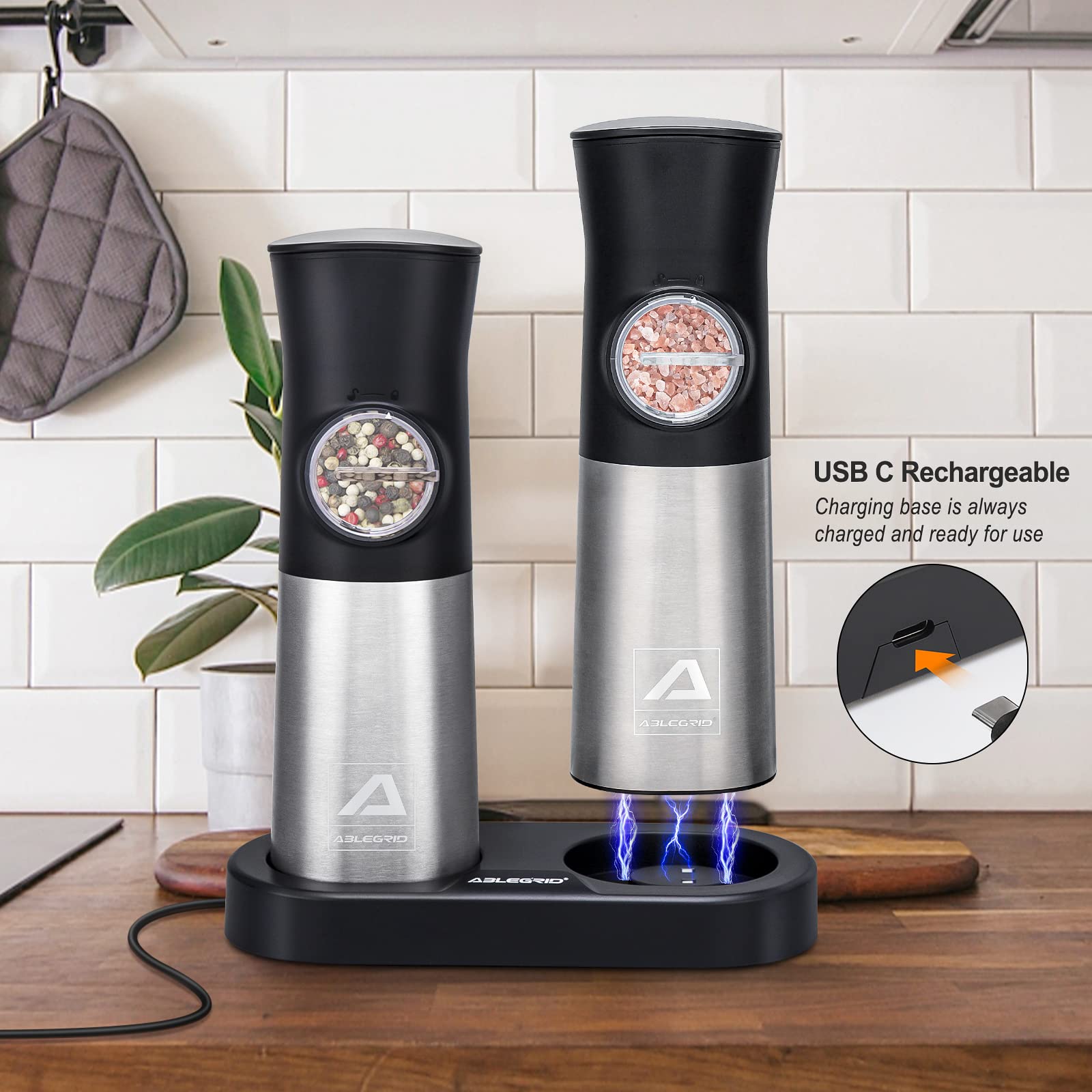 Gravity Electric Salt and Pepper Grinder Set, ABLEGRID Automatic Pepper Mill Grinders, Coarseness Grinders, Refillable, Adjustable, USB Rechargeable with LED Light (2 Pack)