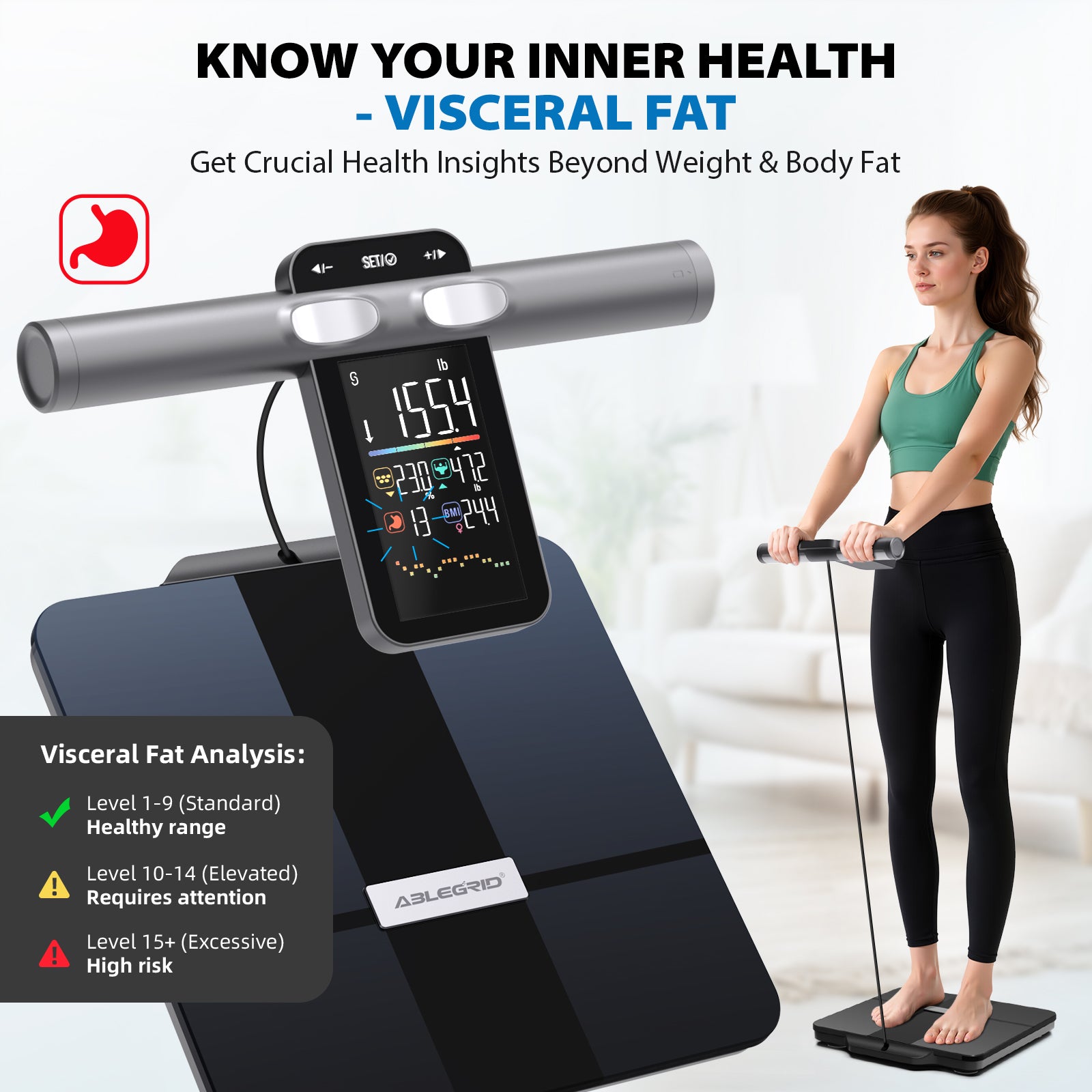 ABLEGRID Scale for Body Weight and Fat, 8-Electrode Smart Body Fat Scale, Large Display Digital Bathroom Scale, 26 Body Composition Metrics BMI with Fitness App, 400lb
