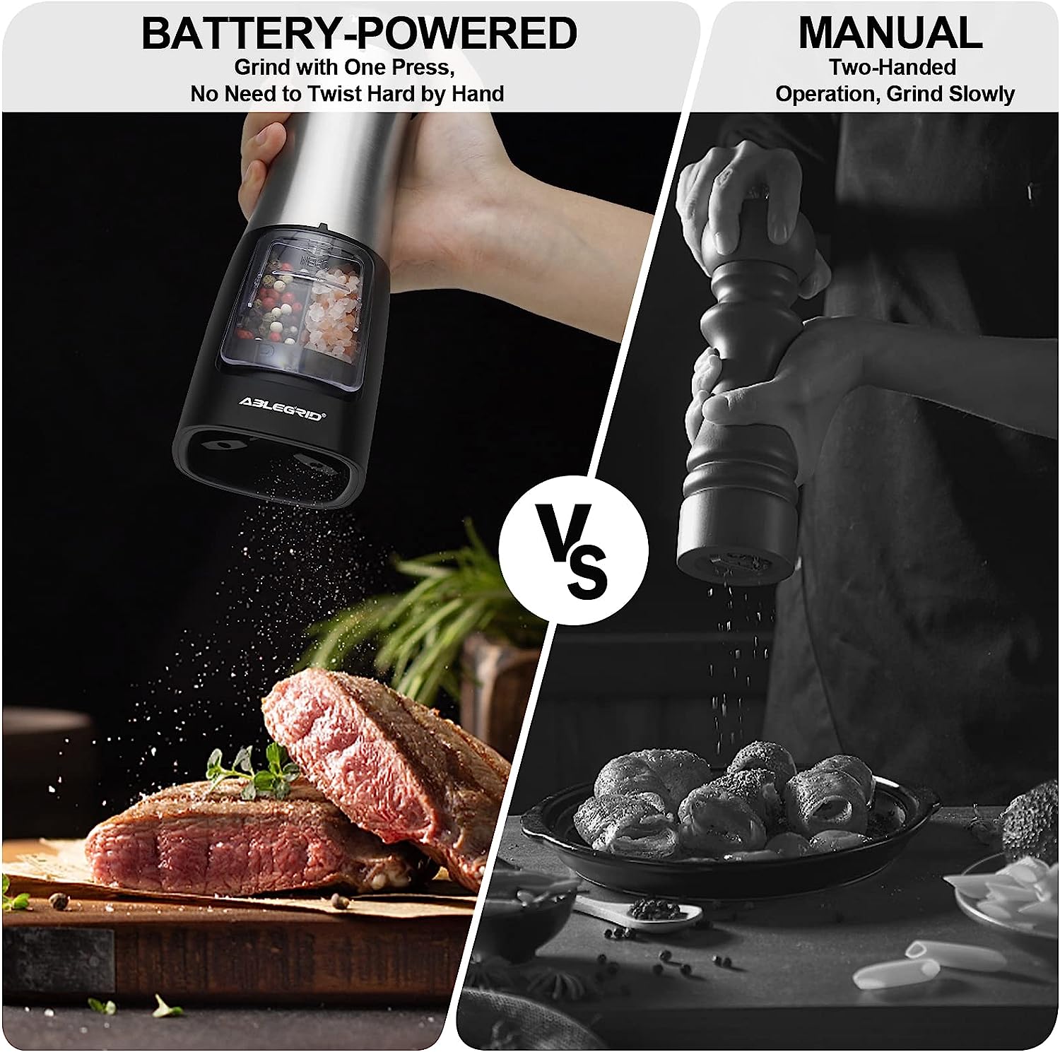 ABLEGRID Electric Salt and Pepper Grinder 2 in 1 Battery Powered, Pepper Mill & Salt Grinder Refillable, Adjustable Coarseness, 2-Button Control, Ceramic Grinding Core, One-handed Operation