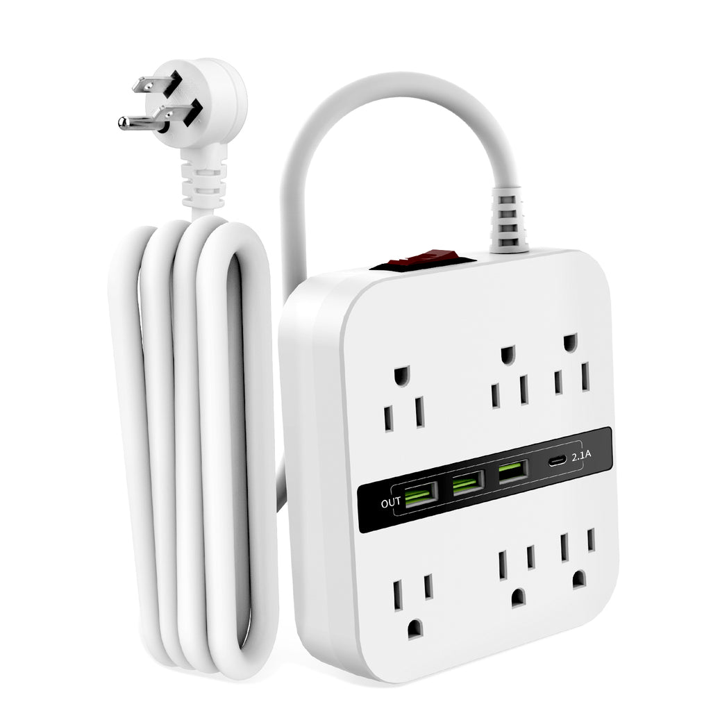 Regleta con protector de sobretensiones: 6 tomas de corriente amplias y 4 puertos USB (1 USB C), extensor de tomas Ablegrid con cable de extensión plano blanco de 2 m para viajes, cruceros y dormitorios. Listado por UL.