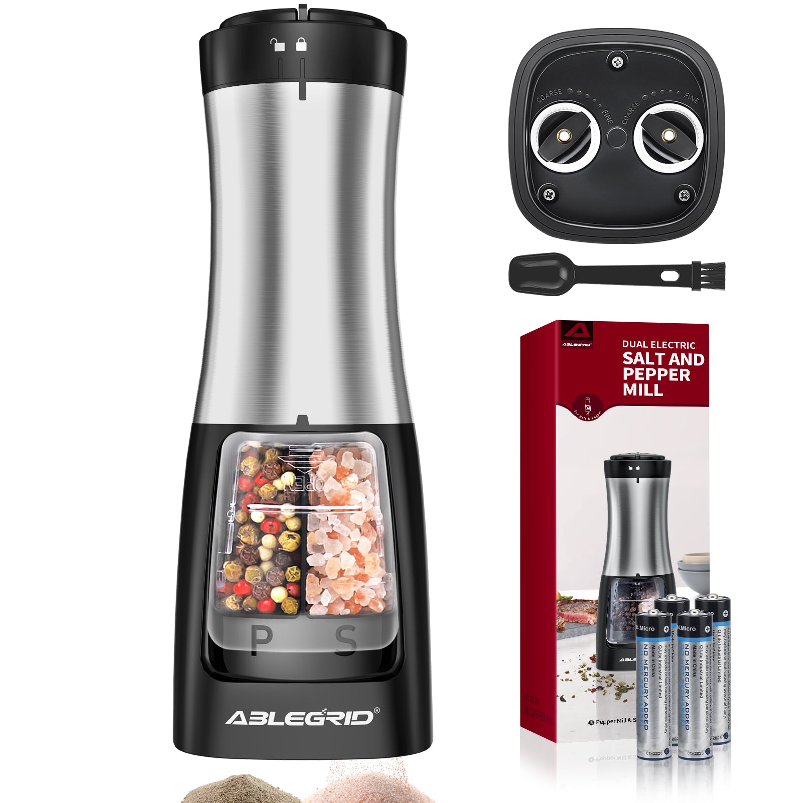Molinillo de sal y pimienta eléctrico ABLEGRID, recargable y automático, con grosor ajustable, ideal para cocina.