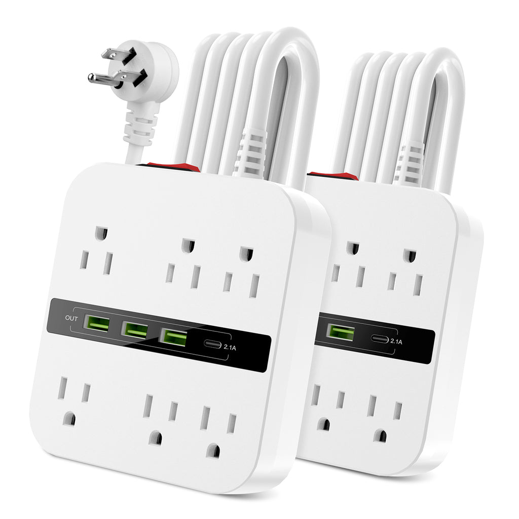 Regleta con protector de sobretensiones: 6 tomas de corriente amplias y 4 puertos USB (1 USB C), extensor de tomas Ablegrid con cable de extensión plano blanco de 2 m para viajes, cruceros y dormitorios (paquete de 2)