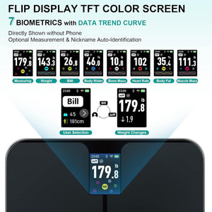 Báscula de grasa corporal ABLEGRID con WiFi y Bluetooth, báscula digital inteligente para baño con WiFi, pantalla TFT giratoria, 16 tendencias precisas de composición corporal, IMC y frecuencia cardíaca, modo bebé, 181 kg, recargable, color negro