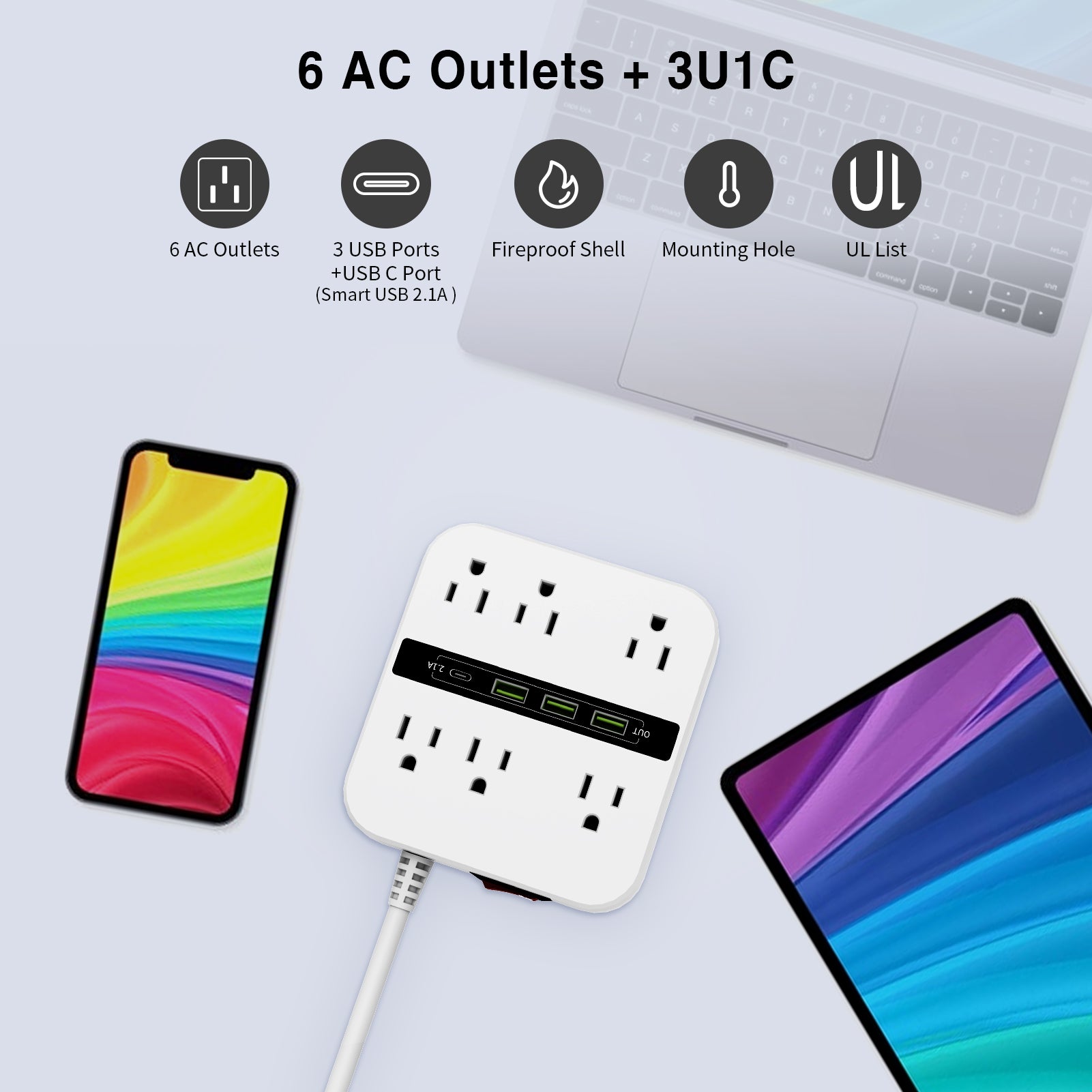 Surge Protector Power Strip - 6 Widely Outlets and 4 USB Ports(1 USB C), Ablegrid Outlet Extender with 6.6ft White Flat Extension Cord for Travel, Cruise Ship and Dorm Room Essentials 2 Pack