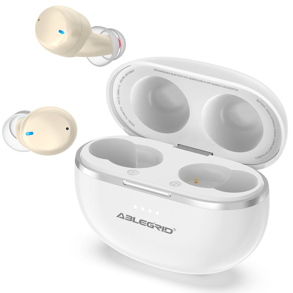 Amplificadores auditivos digitales Bluetooth para personas mayores con control inteligente por aplicación, ABLEGRID, amplificador auditivo recargable de 16 canales con frecuencia ajustable y 4 programas de cancelación de ruido, color blanco