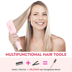 ABLEGRID Hair Straightener Brush for Women and Girls for Professional Salon, Portable Hair Straightener Comb for Travel, 20s Fast Heating & 5 Temp Settings & Anti-Scald, Dual Voltage, Pink