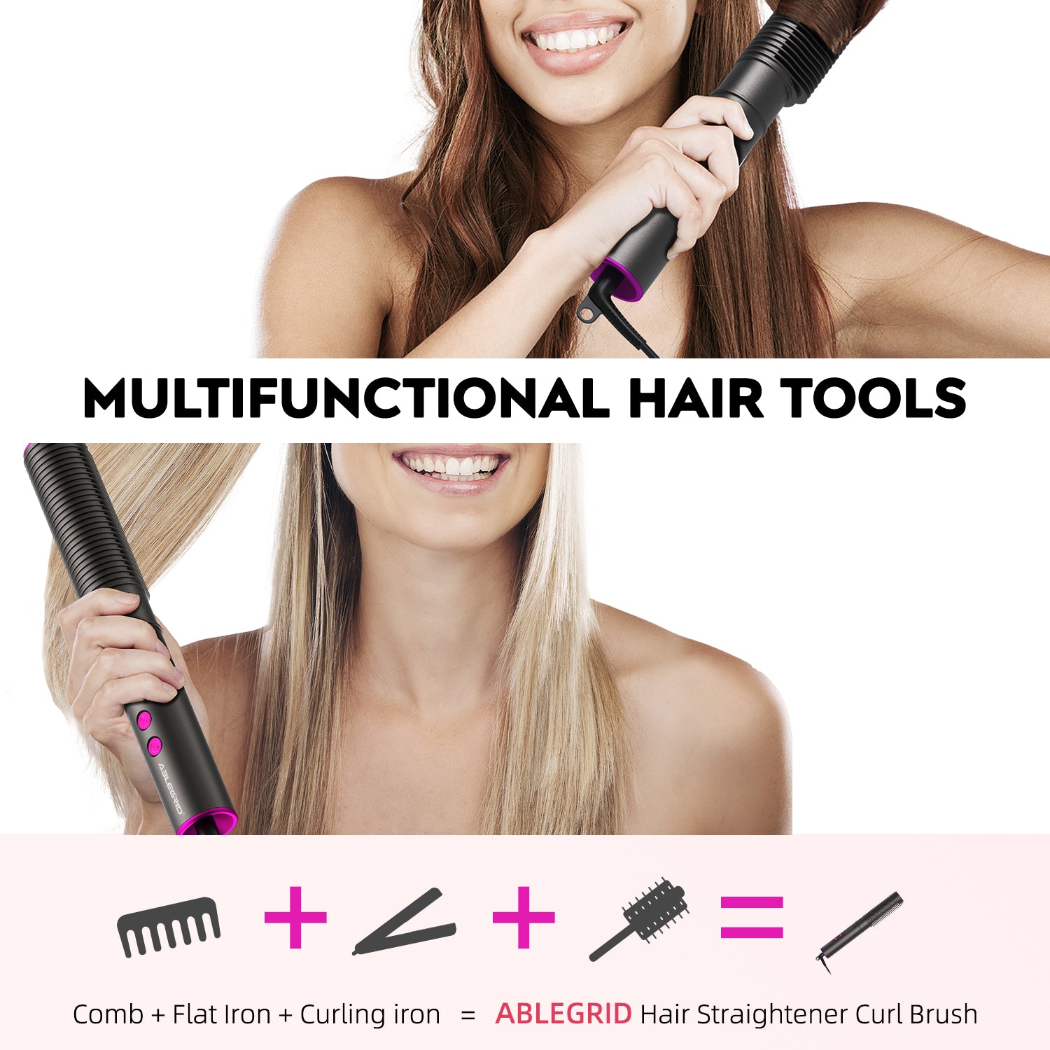 ABLEGRID ストレートヘアアイロン &amp; カールブラシ、コードレスストレートヘアアイロン ポータブル ホットコーム 旅行用、マイナスイオンストレートアイロン、2モデル 5温度設定 &amp; 火傷防止、充電式、ダークグレー