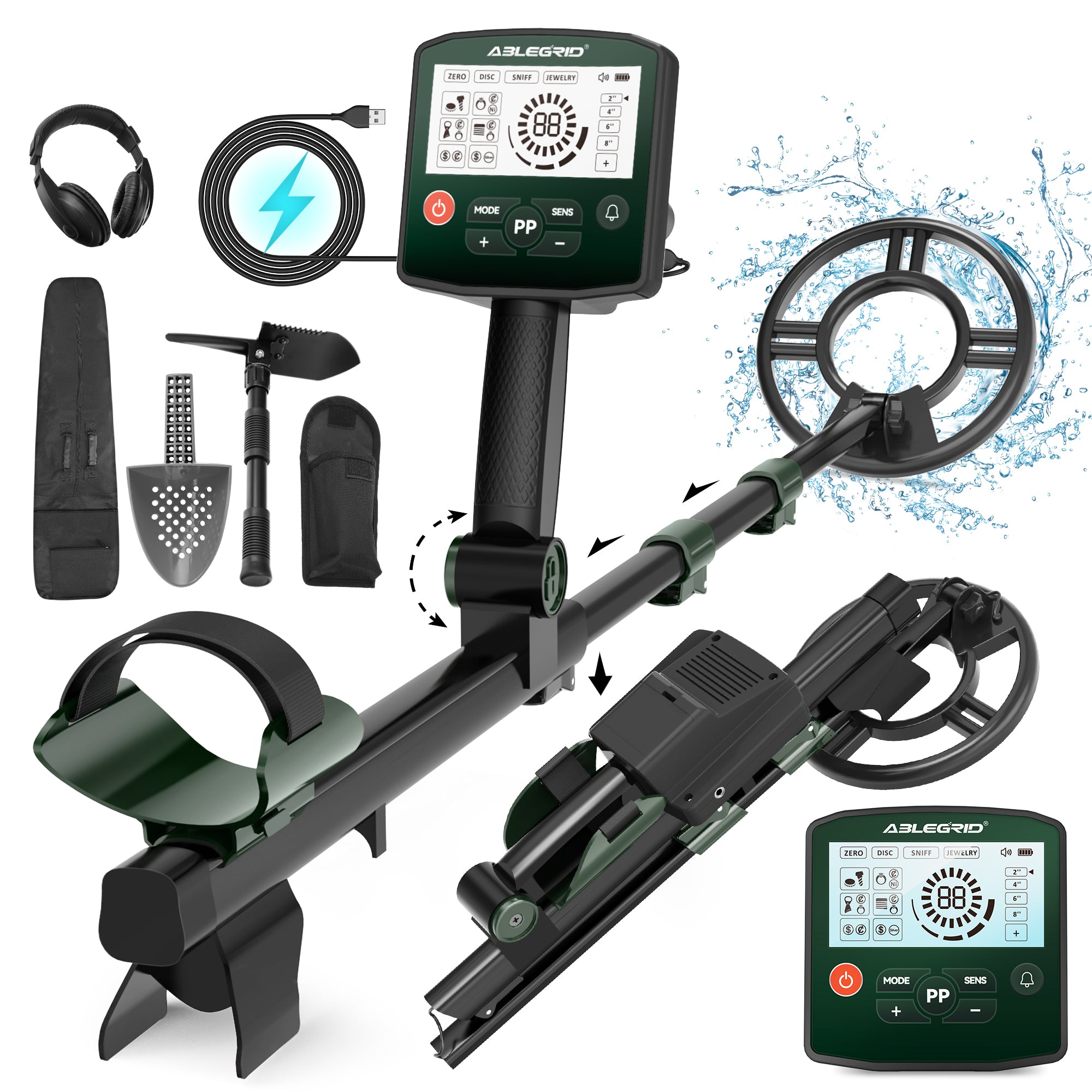 ABLEGRID Metal Detector for Adults and Kids Rechargeable, Professional Gold and Silver Detector with LCD Display, High Accuracy Waterproof Pinpoint 4 Modes, Advanced DSP Chip 10" Coil, GC1021