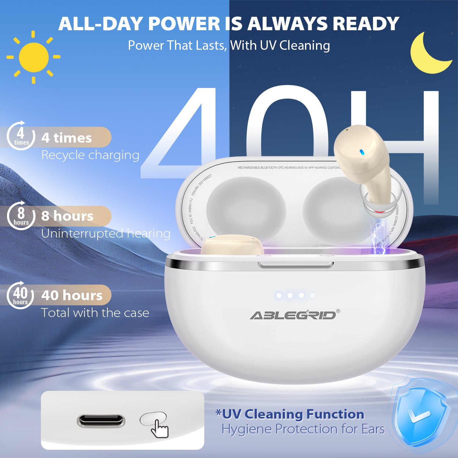 Hearing Aids for Seniors Rechargeable, ABLEGRID OTC Hearing Aids, 16-Channels Nano Hearing Aids with Smart App Adjustable Frequency, Noise Cancellation, 3 Modes, Volume Control, White