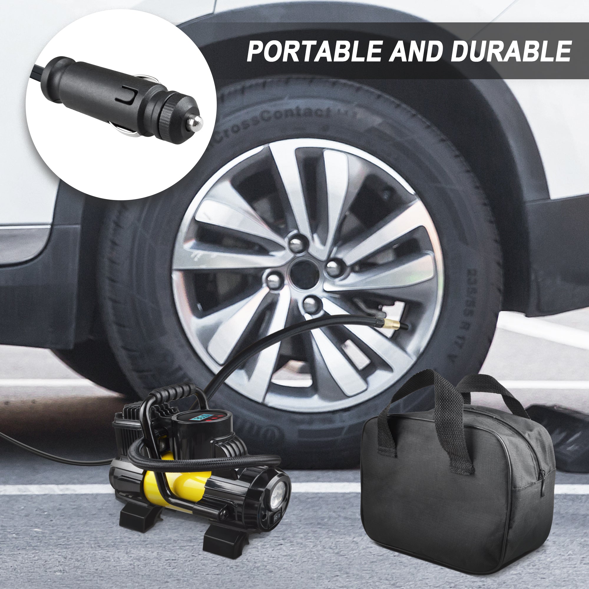 Compresor de aire portátil Ablegrid de 12 V CC y 150 PSI para neumáticos de coche, bomba de inflado con apagado automático y pantalla digital LED, con bolsa de transporte para ataduras de coche, pelotas, colchones inflables, globos y más.
