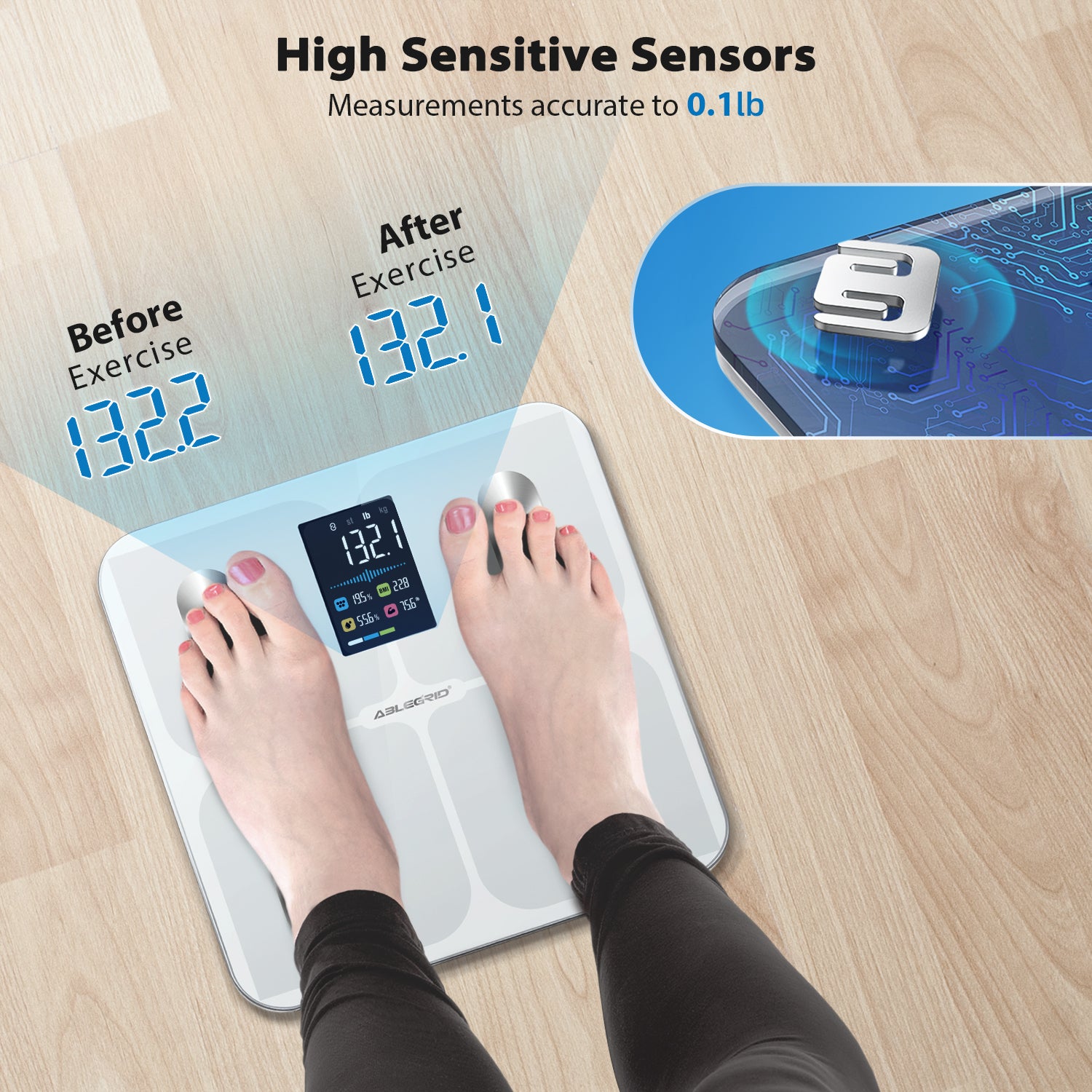 ABLEGRID Digital Smart Scale for Body Weight, Accurate Bathroom Scale with Large Display, Body Composition Scale with BMI Body Fat Muscle Mass, Weight Machine for People with Fitness App, 400lb