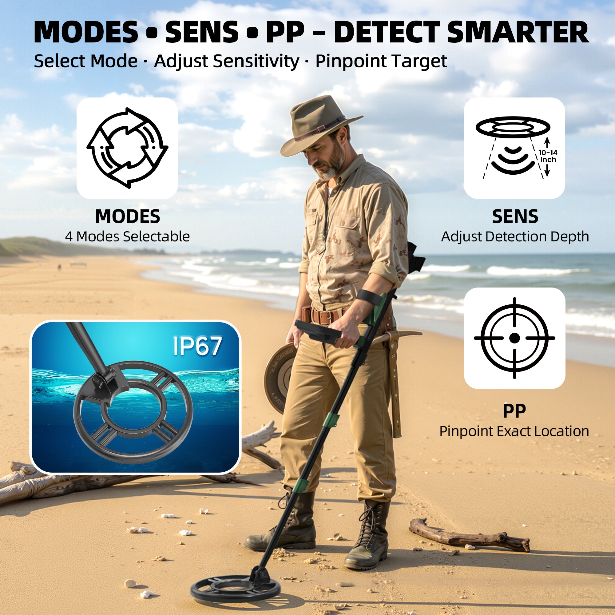ABLEGRID Metal Detector for Adults and Kids Rechargeable, Professional Gold and Silver Detector with LCD Display, High Accuracy Waterproof Pinpoint 4 Modes, Advanced DSP Chip 10" Coil, GC1021