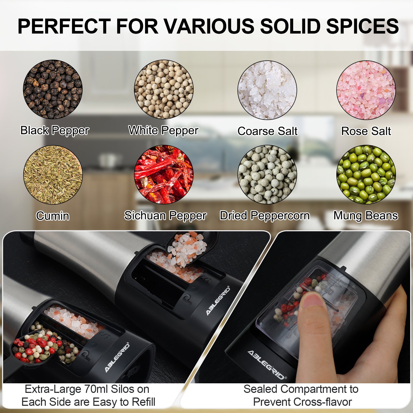 Molinillo de sal y pimienta eléctrico ABLEGRID, recargable y automático, con grosor ajustable, ideal para cocina.