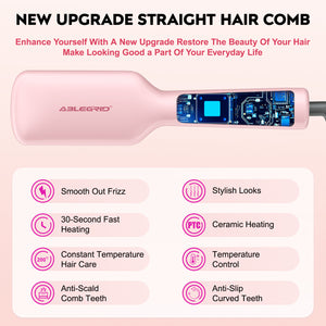 ABLEGRID Hair Straightener Brush for Women and Girls for Professional Salon, Portable Hair Straightener Comb for Travel, 20s Fast Heating & 5 Temp Settings & Anti-Scald, Dual Voltage, Pink