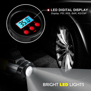 Compresor de aire portátil Ablegrid de 12 V CC y 150 PSI para neumáticos de coche, bomba de inflado con apagado automático y pantalla digital LED, con bolsa de transporte para ataduras de coche, pelotas, colchones inflables, globos y más.