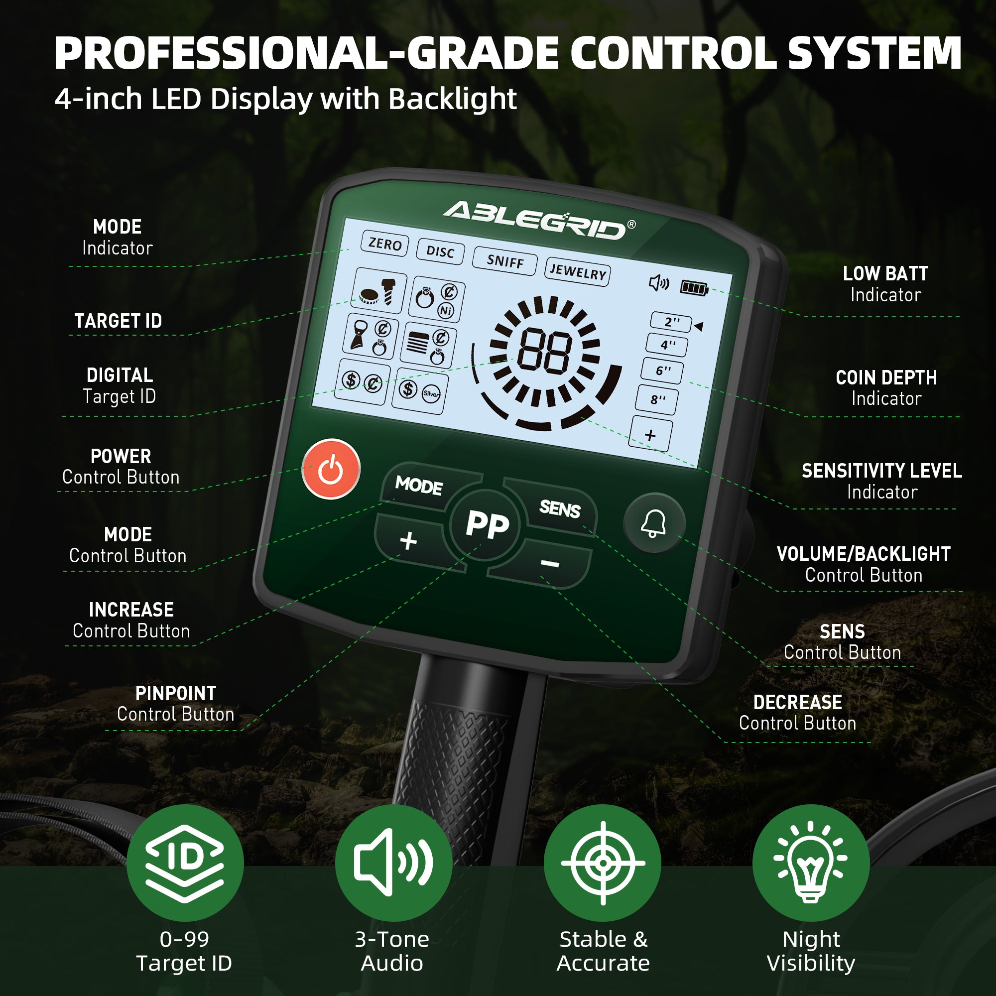 ABLEGRID Metal Detector for Adults and Kids Rechargeable, Professional Gold and Silver Detector with LCD Display, High Accuracy Waterproof Pinpoint 4 Modes, Advanced DSP Chip 10" Coil, GC1021