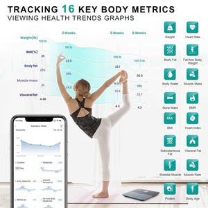 Báscula de grasa corporal ABLEGRID con WiFi y Bluetooth, báscula digital inteligente para baño con WiFi, pantalla TFT giratoria, 16 tendencias precisas de composición corporal, IMC y frecuencia cardíaca, modo bebé, 181 kg, recargable, color negro