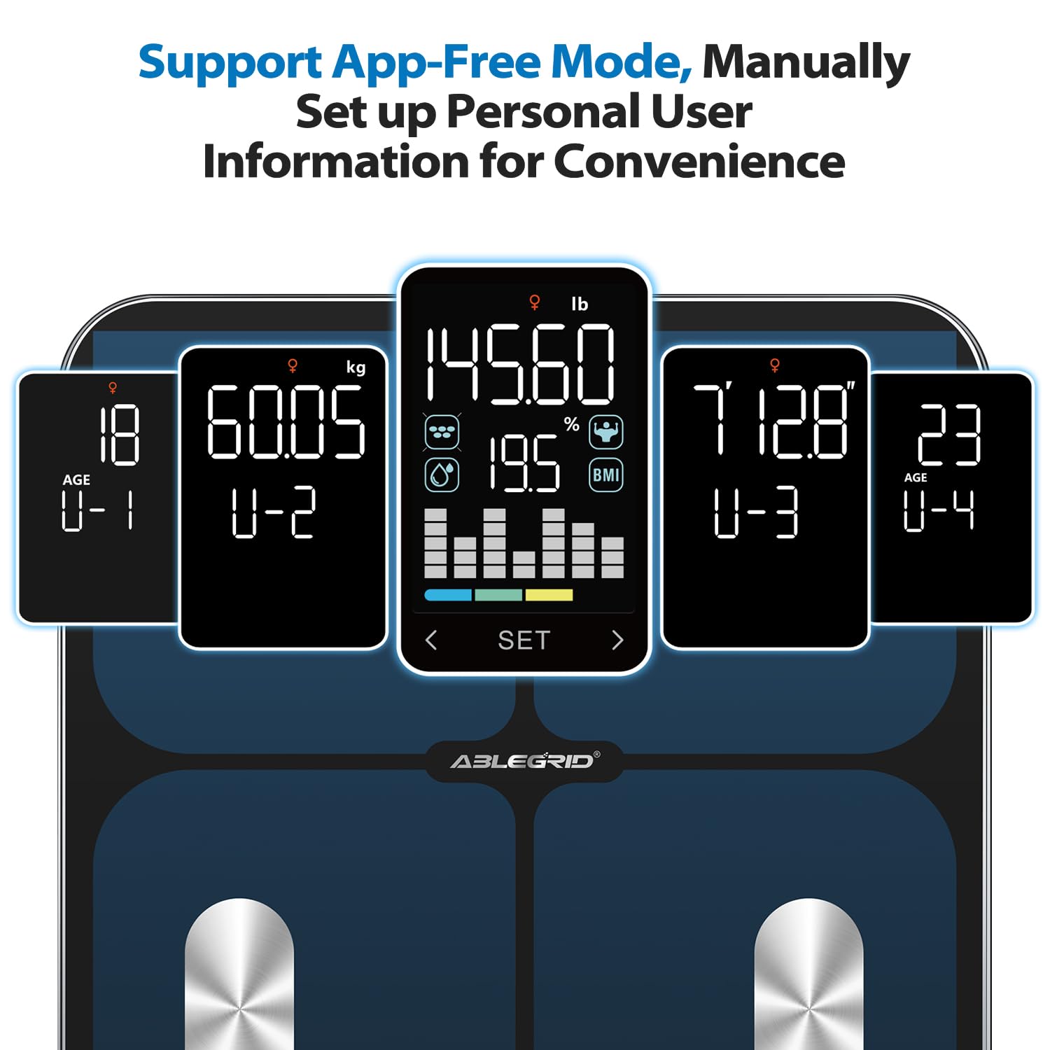 ABLEGRID Smart Digital Bathroom Body Fat Scale for Body Weight, Body Weight Scale with Large Display, Accurate BMI Muscle Mass Composition Analyzer, Weighing Machine for People with Fitness App, 400lb