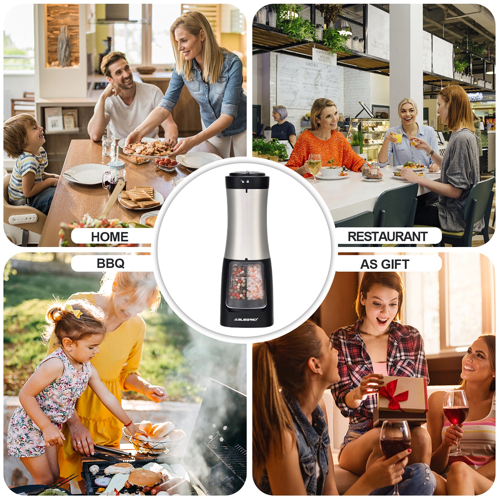 Molinillo de sal y pimienta eléctrico ABLEGRID, recargable y automático, con grosor ajustable, ideal para cocina.