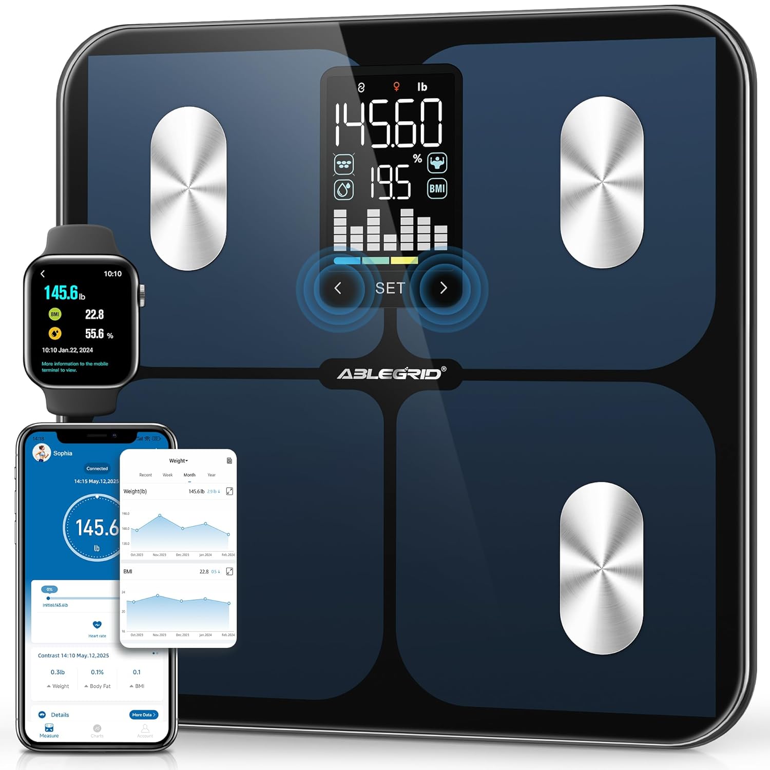 ABLEGRID Smart Digital Bathroom Body Fat Scale for Body Weight, Body Weight Scale with Large Display, Accurate BMI Muscle Mass Composition Analyzer, Weighing Machine for People with Fitness App, 400lb