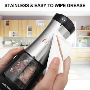 Molinillo de sal y pimienta eléctrico ABLEGRID, recargable y automático, con grosor ajustable, ideal para cocina.