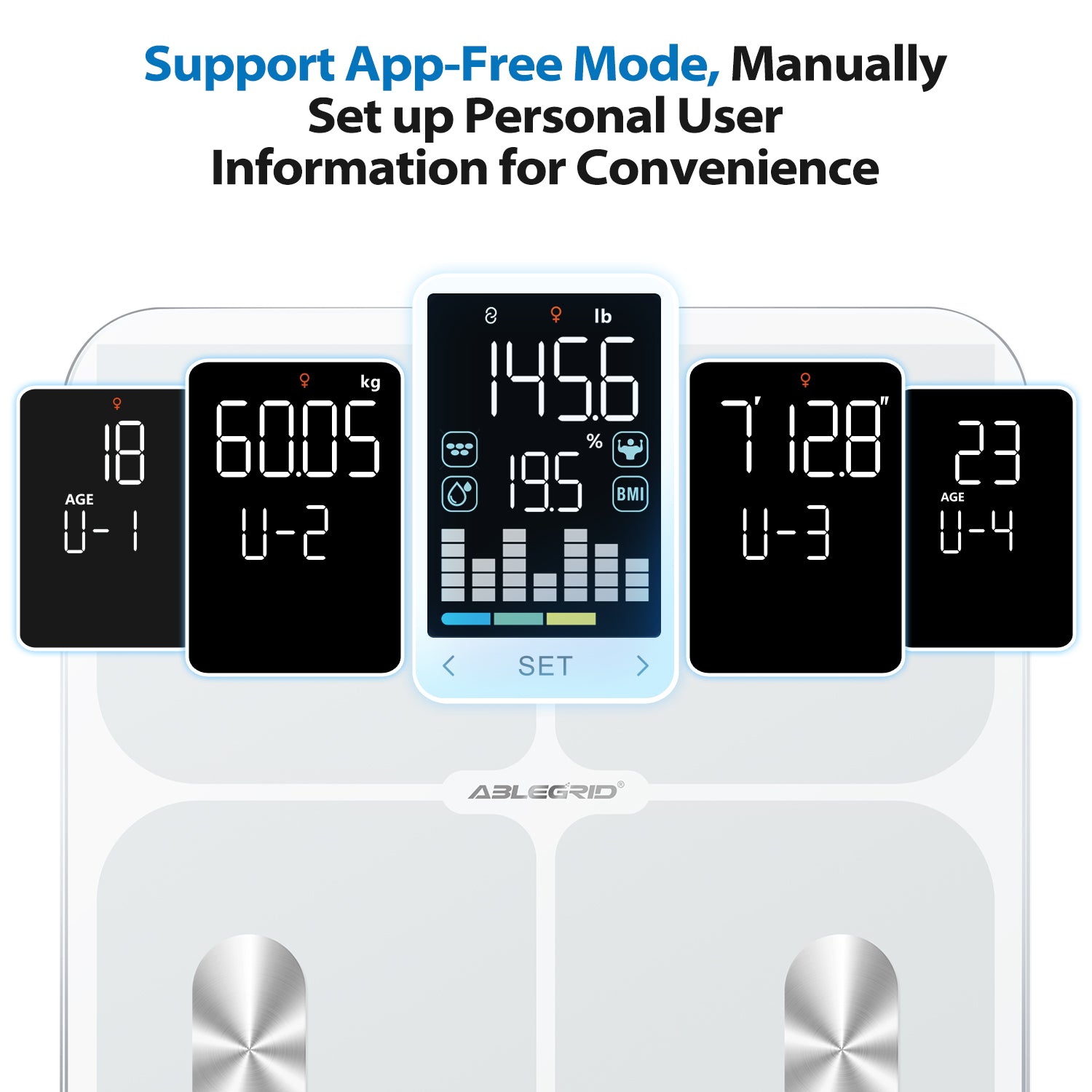 ABLEGRID Digital Smart Scale for Body Weight, Accurate Bathroom Scale with Large Display, Body Composition Scale with BMI Body Fat Muscle Mass, Weight Machine for People with Fitness App, 400lb