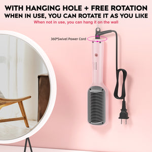 ABLEGRID Hair Straightener Brush for Women and Girls for Professional Salon, Portable Hair Straightener Comb for Travel, 20s Fast Heating & 5 Temp Settings & Anti-Scald, Dual Voltage, Pink