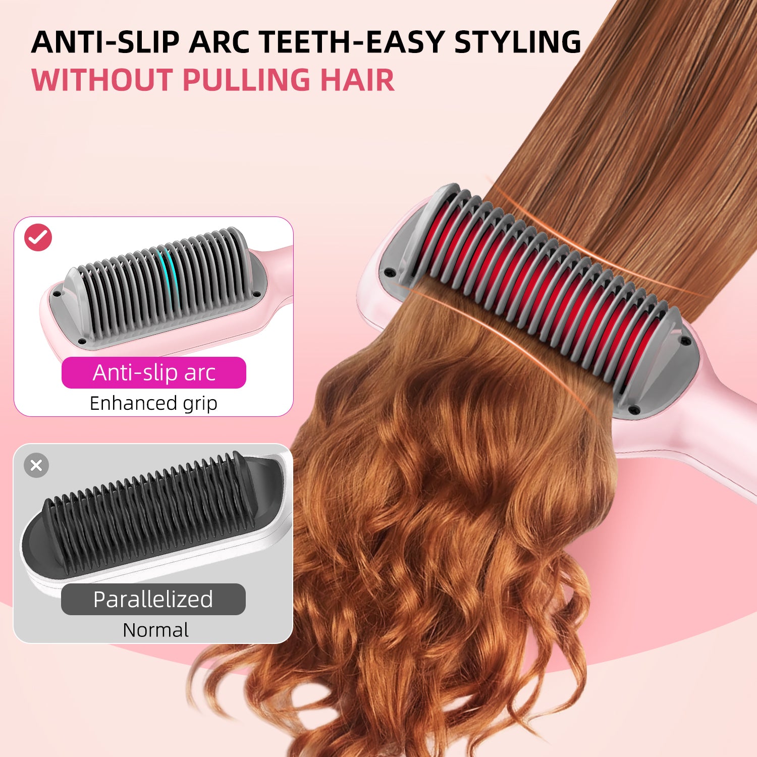 ABLEGRID Hair Straightener Brush for Women and Girls for Professional Salon, Portable Hair Straightener Comb for Travel, 20s Fast Heating & 5 Temp Settings & Anti-Scald, Dual Voltage, Pink