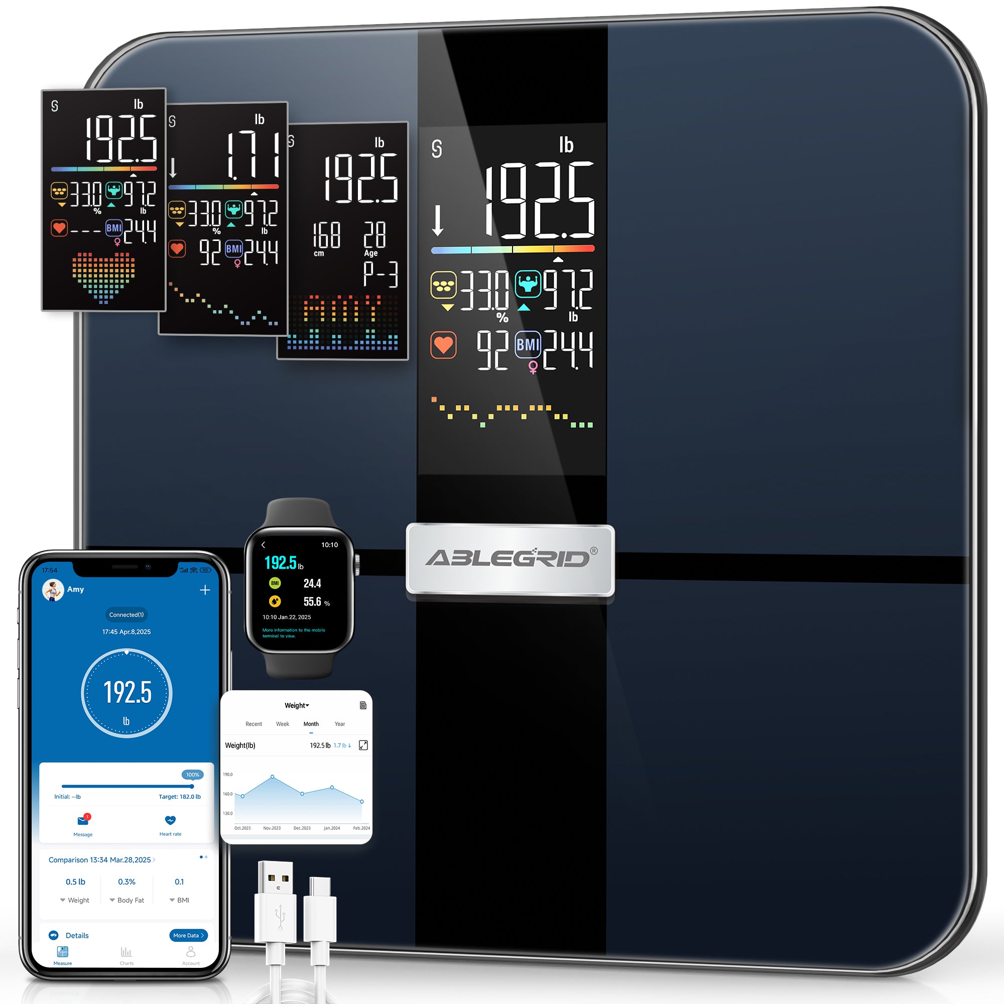 ABLEGRID Smart Digital Bathroom Scale for Body Weight and Fat Rechargeable, Large VA Display, 22 Body Composition Metrics BMI, Heart Rate, Baby Mode, 400lb, Black