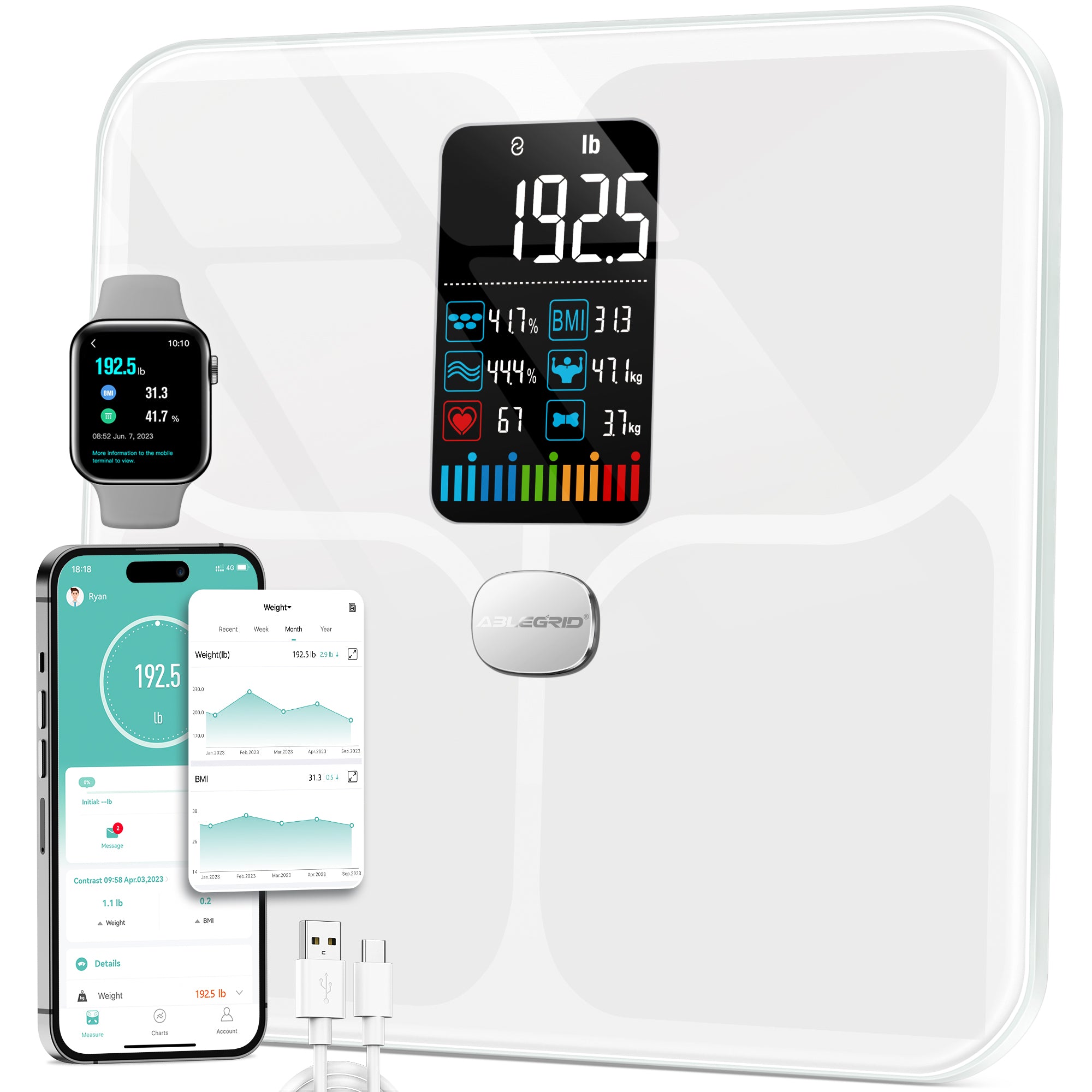 ABLEGRID Body Fat Scale, Smart Digital Bathroom Scale for Body Weight and Fat, Large LCD Display, Rechargeable Weight Scale with 16 Body Composition Metrics BMI, Heart Rate, Baby Mode, 400lb, White