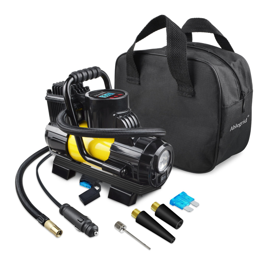 Compresor de aire portátil Ablegrid de 12 V CC y 150 PSI para neumáticos de coche, bomba de inflado con apagado automático y pantalla digital LED, con bolsa de transporte para ataduras de coche, pelotas, colchones inflables, globos y más.