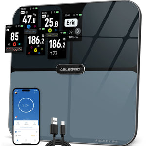 ABLEGRID Body Fat Scale, Smart WiFi Digital Bathroom Scale for Body Weight and Fat, Flip TFT Display, 16 Accurate Body Composition Scale BMI Heart Rate Trends, Baby Mode, 400lb, Rechargeable, Black
