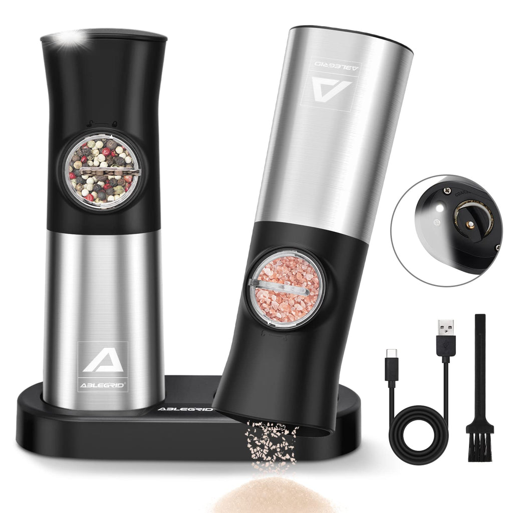 Gravity Electric Salt and Pepper Grinder Set, ABLEGRID Automatic Pepper Mill Grinders, Coarseness Grinders, Refillable, Adjustable, USB Rechargeable with LED Light (2 Pack)