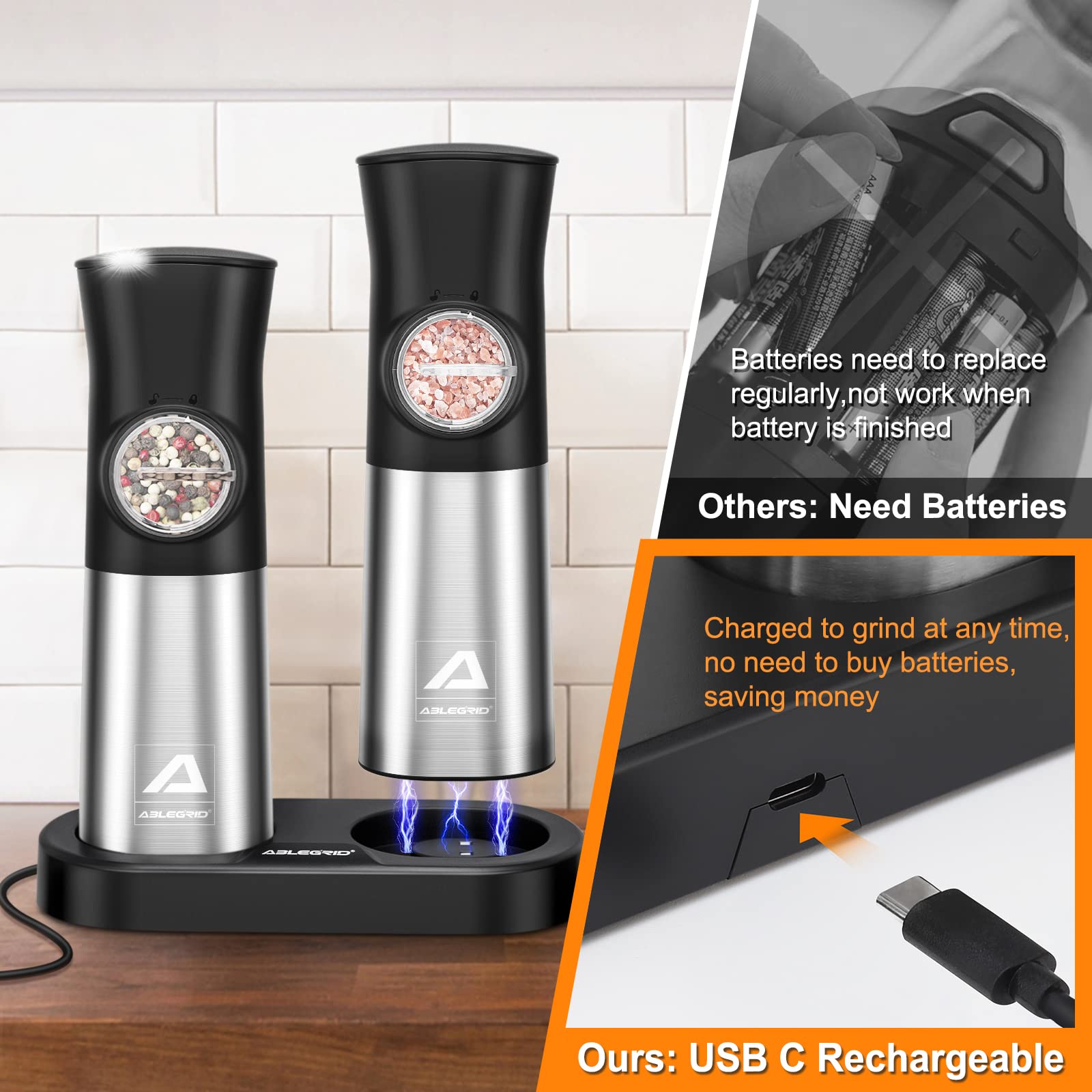 Molinillo eléctrico de sal y pimienta por gravedad, ABLEGRID, molinillo automático de pimienta, molinillo de grano grueso, recargable, ajustable, recargable por USB con luz LED (paquete de 2)