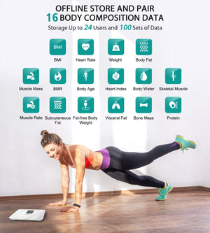 Báscula de grasa corporal ABLEGRID, báscula digital inteligente para baño, para medir peso y grasa corporal, pantalla LCD grande, recargable, con 16 indicadores de composición corporal (IMC, frecuencia cardíaca, modo bebé), 181 kg (400 lb), color blanco