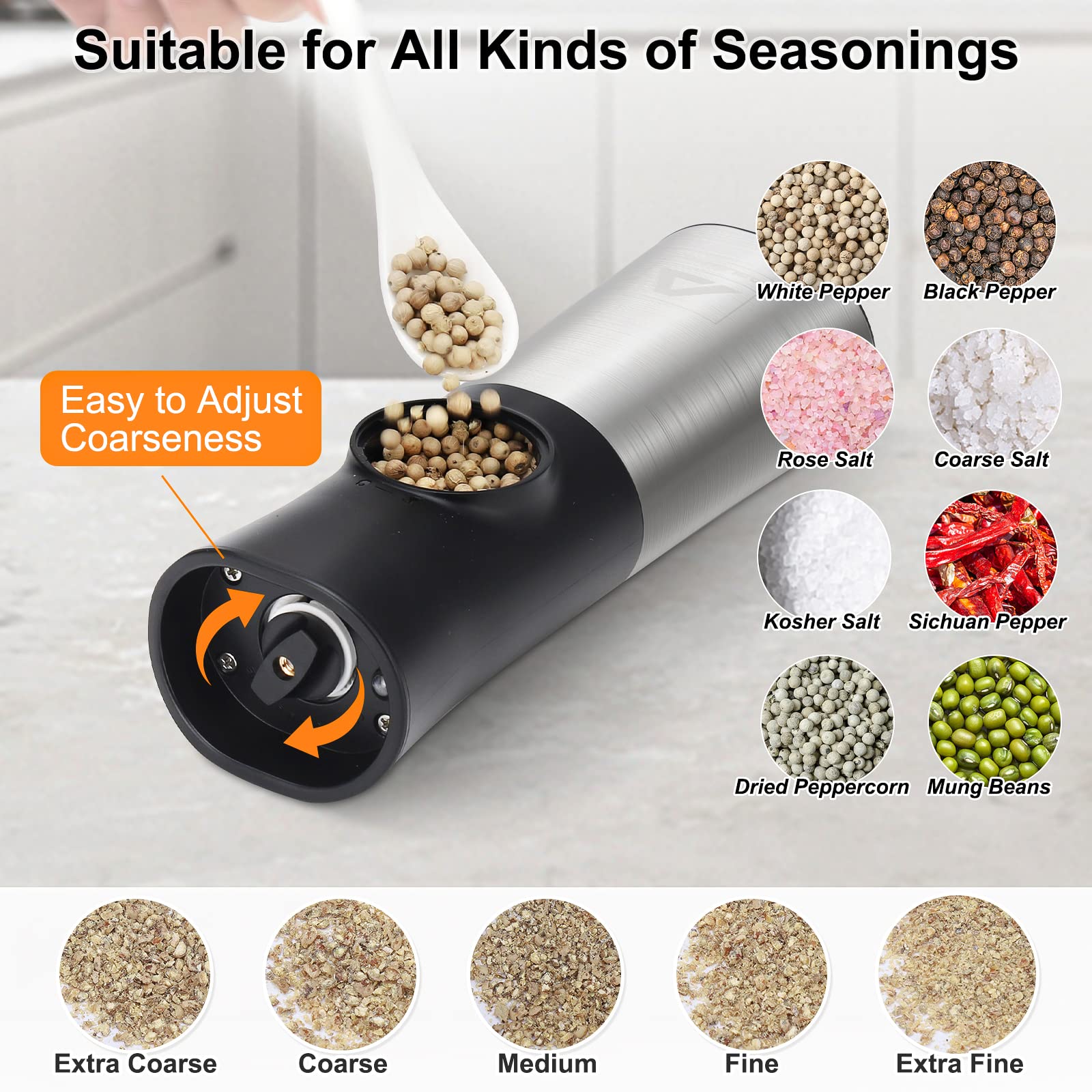 Molinillo eléctrico de sal y pimienta por gravedad, ABLEGRID, molinillo automático de pimienta, molinillo de grano grueso, recargable, ajustable, recargable por USB con luz LED (paquete de 2)