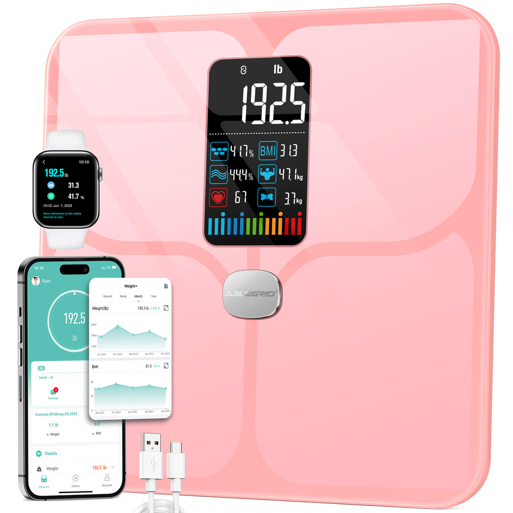Smart Digital Bathroom Scale for Body Weight and Fat, ABLEGRID Large LCD Display Body Fat Scale, Rechargeable Weight Scale with 16 Body Composition Metrics BMI, Heart Rate, Baby Mode, 400lb, Pink