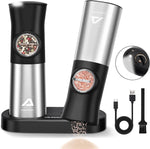ABLEGRID Electric Salt and Pepper Grinder Set, Gravity Rechargeable Automatic Salt & Pepper Mill Grinders Refillable, Coarseness Adjustable, with Charging Base, LED Light, Dust Cap, 2 Pack