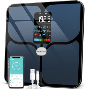 Báscula de grasa corporal, báscula de baño digital inteligente ABLEGRID para peso corporal, pantalla LCD grande, 16 indicadores de composición corporal (IMC, peso en agua, frecuencia cardíaca, modo bebé), 181 kg (400 lb), recargable, color blanco
