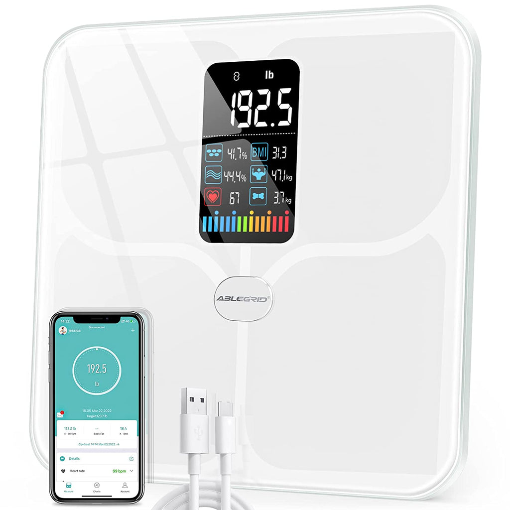 Body Fat Scale, ABLEGRID Digital Smart Bathroom Scale for Body Weight, Large LCD Display Screen, 16 Body Composition Metrics BMI, Water Weigh, Heart Rate, Baby Mode, 400lb, Rechargeable, White