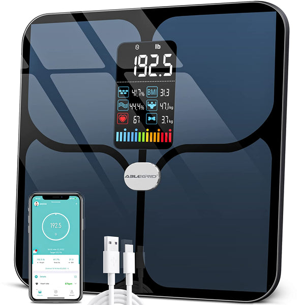 Body Fat Scale, ABLEGRID Digital Smart Bathroom Scale for Body Weight,  Large LCD Display Screen, 16 Body Composition Metrics BMI, Water Weigh,  Heart