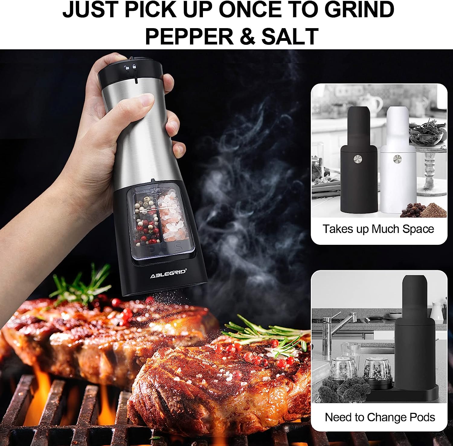 ABLEGRID Electric Salt and Pepper Grinder 2 in 1 Battery Powered, Pepper Mill & Salt Grinder Refillable, Adjustable Coarseness, 2-Button Control, Ceramic Grinding Core, One-handed Operation