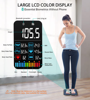 Body Fat Scale, ABLEGRID Digital Smart Bathroom Scale for Body Weight, Large LCD Display Screen, 16 Body Composition Metrics BMI, Water Weigh, Heart Rate, Baby Mode, 400lb, Rechargeable, Black