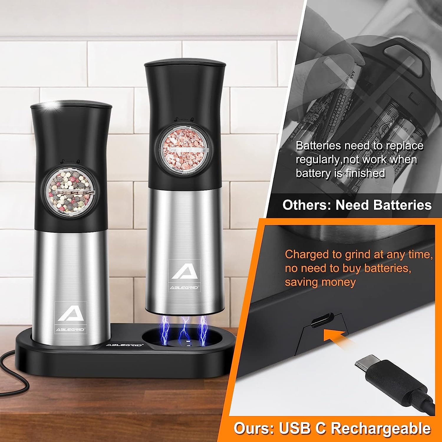 ABLEGRID Electric Salt and Pepper Grinder Set, Gravity Rechargeable Automatic Salt & Pepper Mill Grinders Refillable, Coarseness Adjustable, with Charging Base, LED Light, Dust Cap, 2 Pack