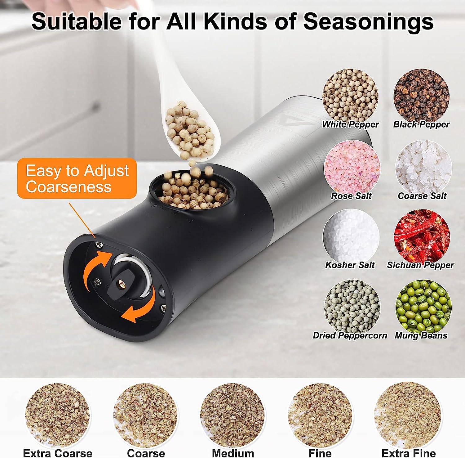 ABLEGRID Electric Salt and Pepper Grinder Set, Gravity Rechargeable Automatic Salt & Pepper Mill Grinders Refillable, Coarseness Adjustable, with Charging Base, LED Light, Dust Cap, 2 Pack