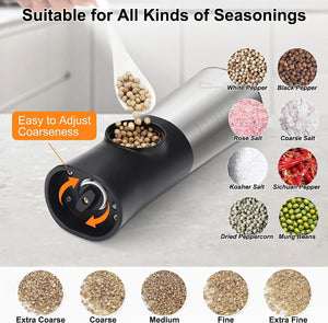 ABLEGRID Electric Salt and Pepper Grinder Set, Gravity Rechargeable Automatic Salt & Pepper Mill Grinders Refillable, Coarseness Adjustable, with Charging Base, LED Light, Dust Cap, 2 Pack